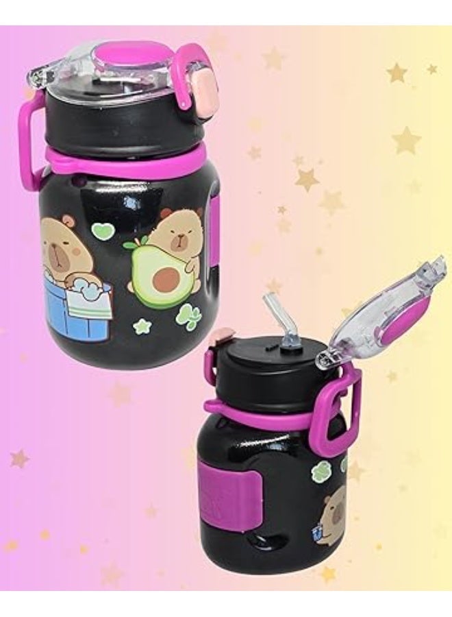 MINIIMODZ Bear Kids Water Bottle with Straw 500ml BPA-Free Plastic, School & Picnic Bottle for Toddlers – Black & Pink (BLACK) - Image 4